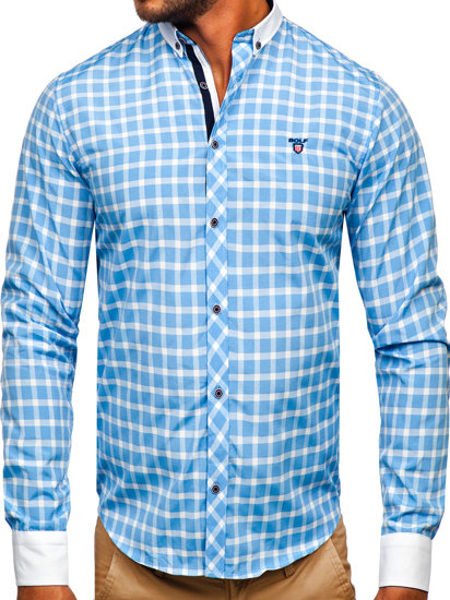 Men's Elegant Checkered Long Sleeve Shirt Sky Blue Bolf 5737-1