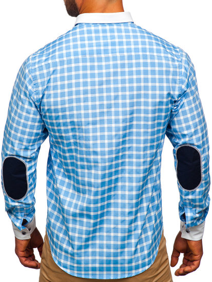 Men's Elegant Checkered Long Sleeve Shirt Sky Blue Bolf 5737-1