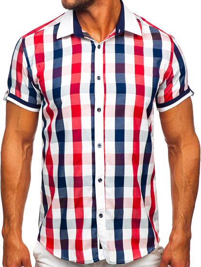 Men's Elegant Checkered Short Sleeve Shirt Red Bolf 8901