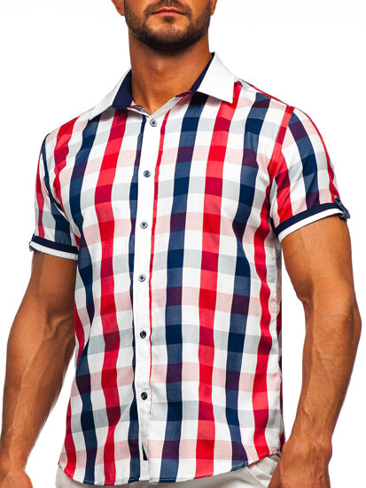 Men's Elegant Checkered Short Sleeve Shirt Red Bolf 8901