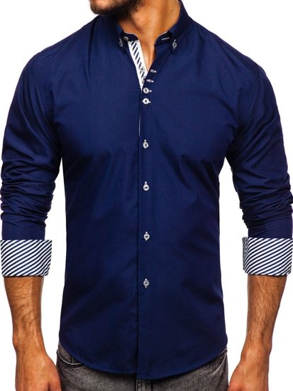 Men's Elegant Long Sleeve Shirt Dark Navy Blue Bolf 5796