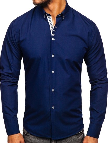 Men's Elegant Long Sleeve Shirt Dark Navy Blue Bolf 5796