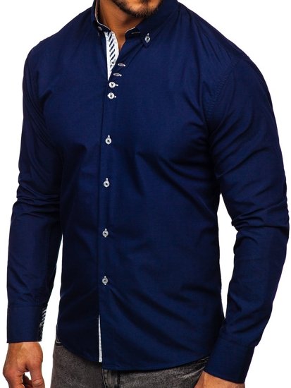 Men's Elegant Long Sleeve Shirt Dark Navy Blue Bolf 5796