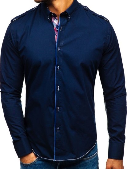 Men's Elegant Long Sleeve Shirt Navy Blue Bolf 1758