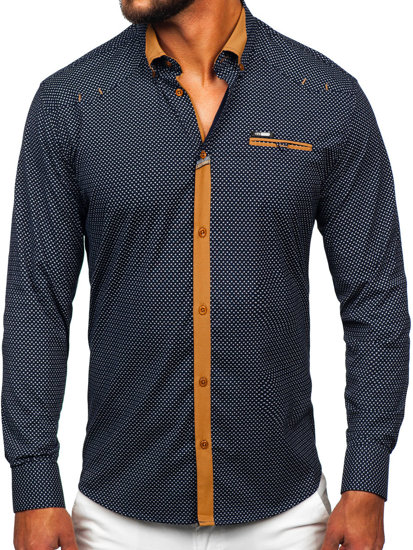 Men's Elegant Long Sleeve Shirt Navy Blue Bolf 19603