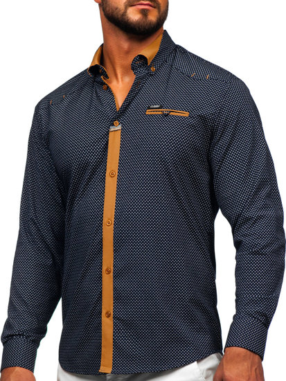 Men's Elegant Long Sleeve Shirt Navy Blue Bolf 19603