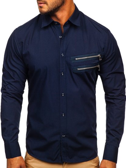 Men's Elegant Long Sleeve Shirt Navy Blue Bolf 20703