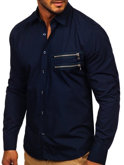 Men's Elegant Long Sleeve Shirt Navy Blue Bolf 20703