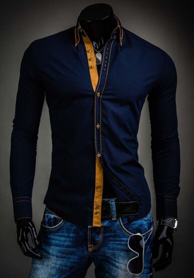 Men’s Elegant Long Sleeve Shirt Navy Blue Bolf 3703A