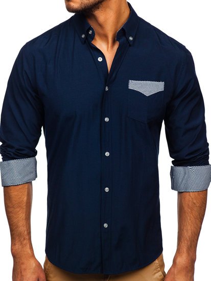 Men's Elegant Long Sleeve Shirt Navy Blue Bolf 4711