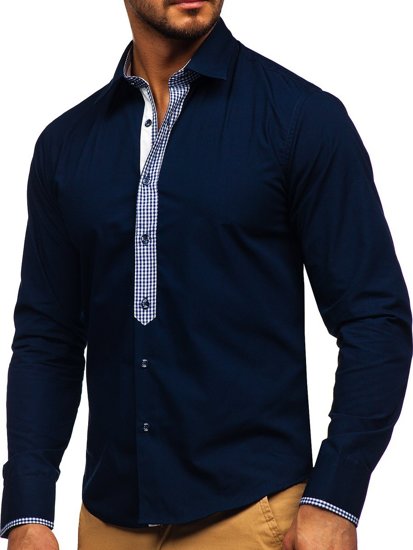 Men's Elegant Long Sleeve Shirt Navy Blue Bolf 6873