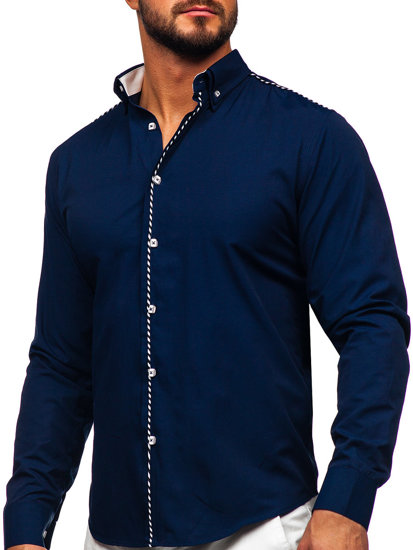 Men's Elegant Long Sleeve Shirt Navy Blue Bolf 6920