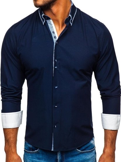 Men's Elegant Long Sleeve Shirt Navy Blue Bolf 6929-A