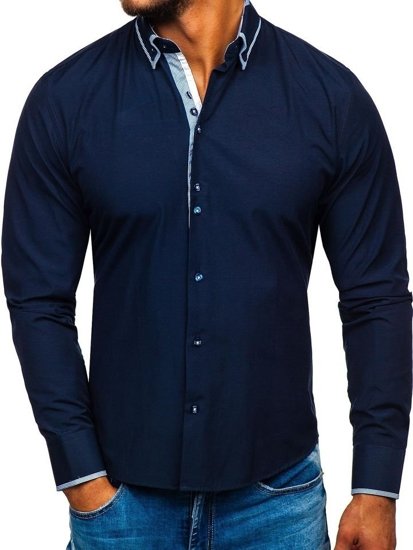 Men's Elegant Long Sleeve Shirt Navy Blue Bolf 6929-A