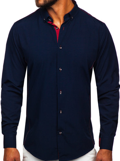 Men's Elegant Long Sleeve Shirt Navy Blue-Claret Bolf 5722-1