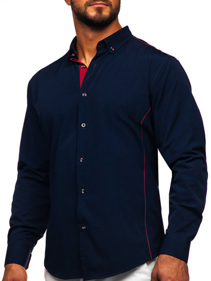 Men's Elegant Long Sleeve Shirt Navy Blue-Claret Bolf 5722-1