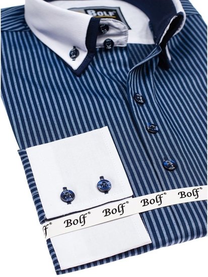 Men's Elegant Striped Long Sleeve Shirt Navy Blue Bolf 0909