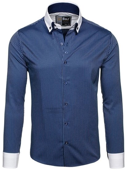 Men's Elegant Striped Long Sleeve Shirt Navy Blue Bolf 0909