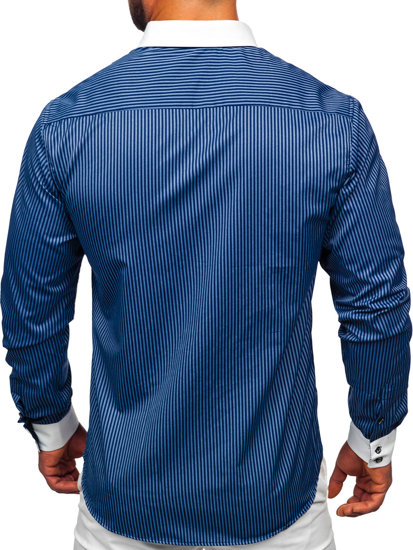 Men's Elegant Striped Long Sleeve Shirt Navy Blue Bolf 0909