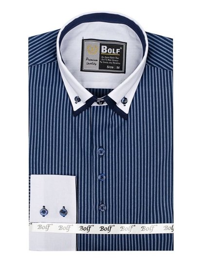 Men's Elegant Striped Long Sleeve Shirt Navy Blue Bolf 0909