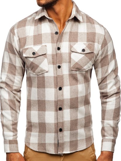 Men's Flannel Long Sleeve Shirt Beige Bolf 20723