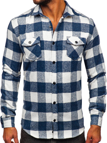 Men's Flannel Long Sleeve Shirt Blue Bolf 20723