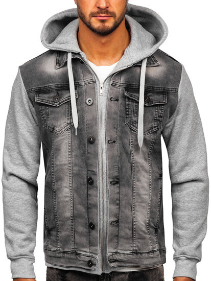 Men's Hooded Denim Jacket Grey Bolf 801