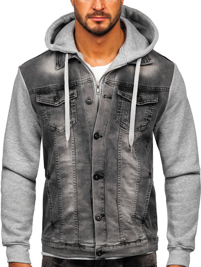 Men's Hooded Denim Jacket Grey Bolf 801