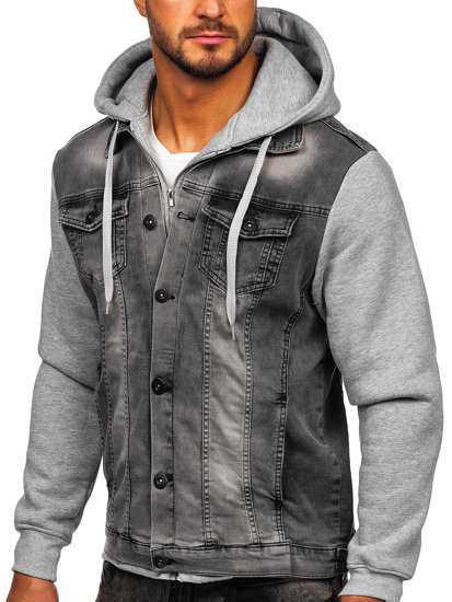 Men's Hooded Denim Jacket Grey Bolf 801