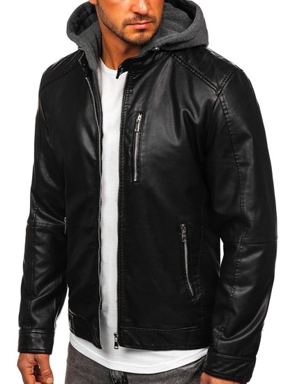 Men's Hooded Leather Jacket Black Bolf 1150