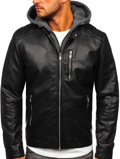 Men's Hooded Leather Jacket Black Bolf 1150