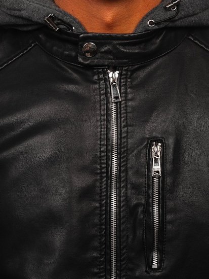 Men's Hooded Leather Jacket Black Bolf 1150