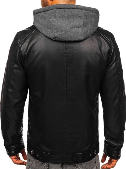 Men's Hooded Leather Jacket Black Bolf 1150