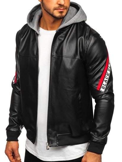 Men's Hooded Leather Jacket Black-Red Bolf HY614