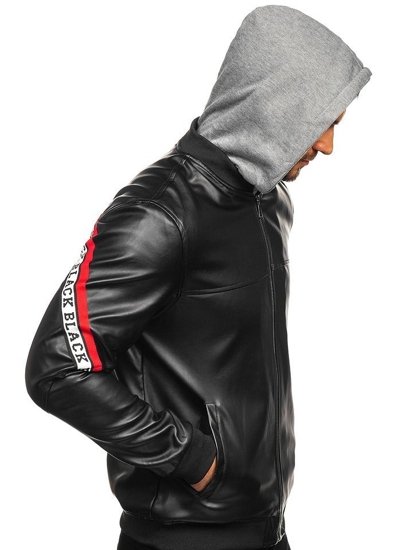 Men's Hooded Leather Jacket Black-Red Bolf HY614