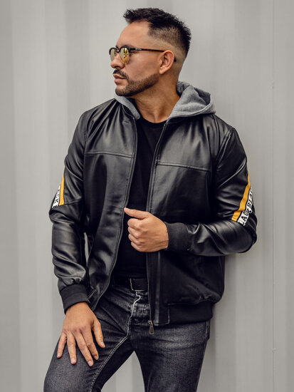 Men's Hooded Leather Jacket Black-Yellow Bolf HY614