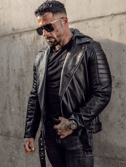 Men's Leather Biker Jacket with Hood Black Bolf 11Z8005