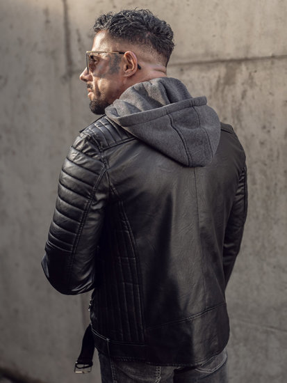 Men's Leather Biker Jacket with Hood Black Bolf 11Z8005