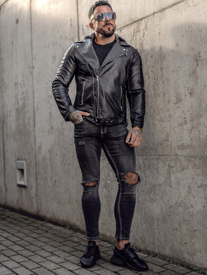 Men's Leather Biker Jacket with Hood Black Bolf 11Z8005