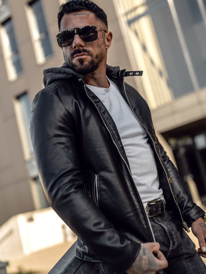 Men's Leather Biker Jacket with Hood Black Bolf 11Z8012