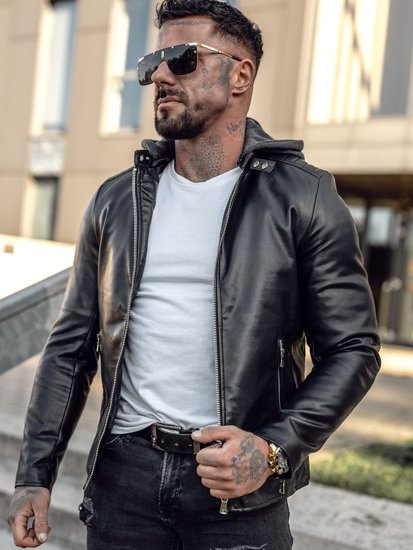 Men's Leather Biker Jacket with Hood Black Bolf 11Z8012