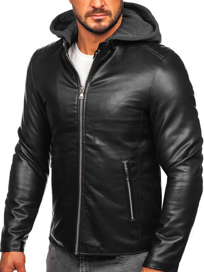 Men's Leather Biker Jacket with Hood Black Bolf 11Z8012-A