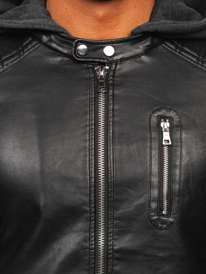 Men's Leather Biker Jacket with Hood Black Bolf 11Z8018