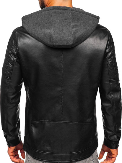 Men's Leather Biker Jacket with Hood Black Bolf 11Z8018