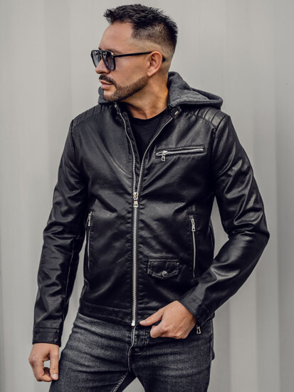 Men's Leather Biker Jacket with hood Black Bolf 11Z8022