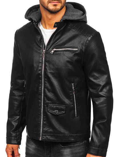 Men's Leather Biker Jacket with hood Black Bolf 11Z8022