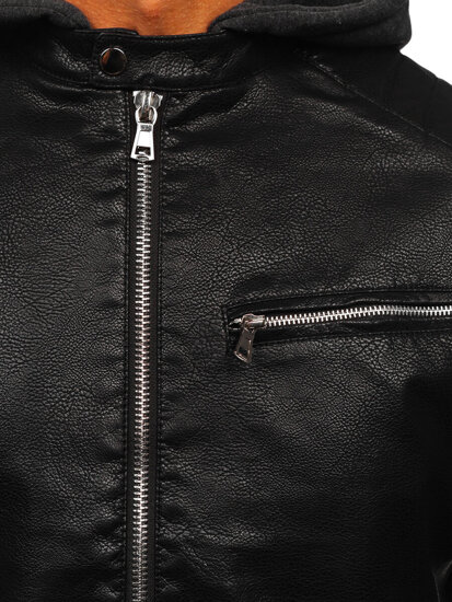 Men's Leather Biker Jacket with hood Black Bolf 11Z8022