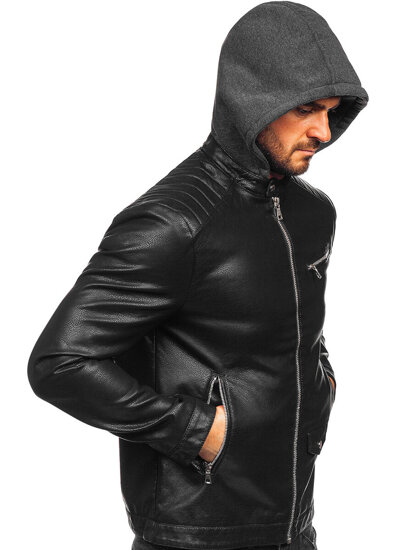 Men's Leather Biker Jacket with hood Black Bolf 11Z8022