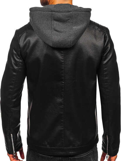 Men's Leather Biker Jacket with hood Black Bolf 11Z8022