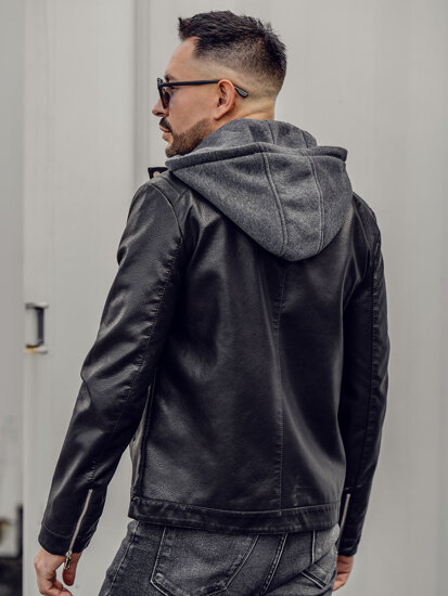 Men's Leather Biker Jacket with hood Black Bolf 11Z8022